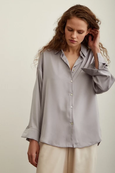 Viskon Saten Gömlek Gri - Resim 3