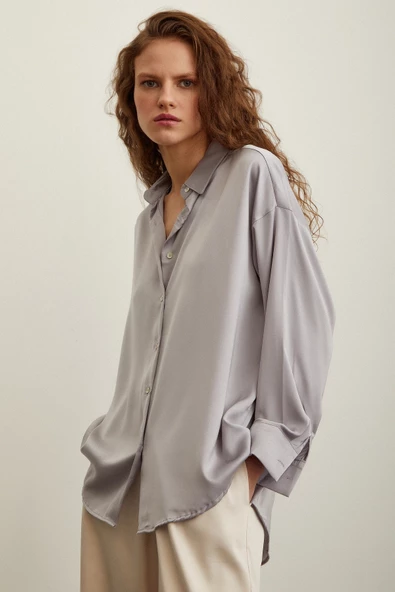 Viskon Saten Gömlek Gri ürün görseli