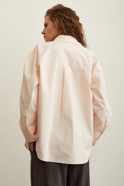 Pamuk Dokulu Poplin Gömlek Pudra - Resim 6