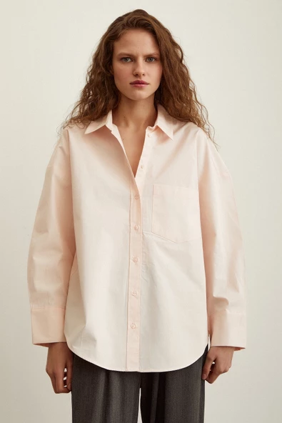 Pamuk Dokulu Poplin Gömlek Pudra - Resim 4