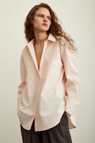 Pamuk Dokulu Poplin Gömlek Pudra ürün görseli