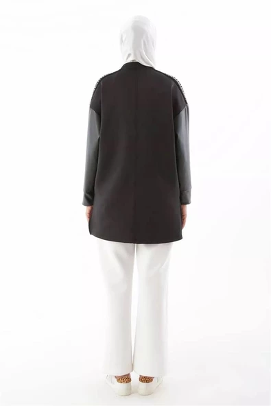 Kolları Deri Garnili Scuba Sweat Tunik-SYG50208Siyah - Resim 4