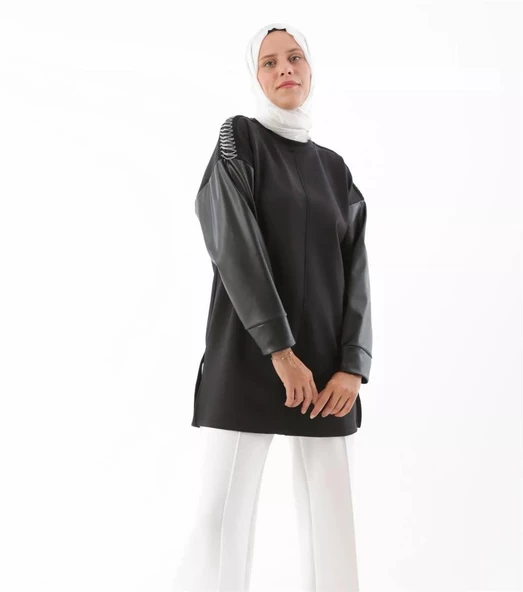 Kolları Deri Garnili Scuba Sweat Tunik-SYG50208Siyah ürün görseli