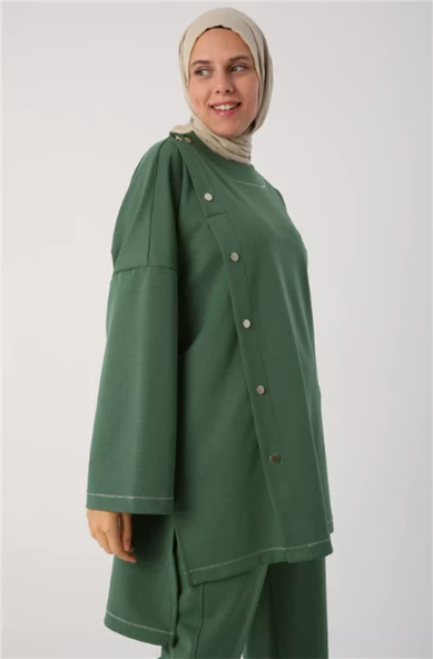 Simli Şerit ve Çıtçıt Detaylı Oversize Tunik 53019Yeşil - 1