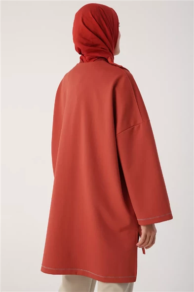 Simli Şerit Yaka Çıtçıt Detaylı Oversize Tunik 53019Turuncu - 3