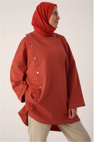 Simli Şerit Yaka Çıtçıt Detaylı Oversize Tunik 53019Turuncu - 1