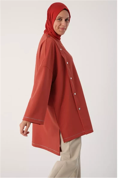 Simli Şerit Yaka Çıtçıt Detaylı Oversize Tunik 53019Turuncu - 2