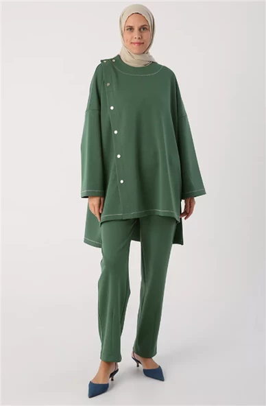 Simli Şerit ve Çıtçıt Detaylı Oversize Tunik 53019Yeşil - 4