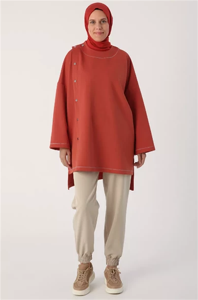 Simli Şerit Yaka Çıtçıt Detaylı Oversize Tunik 53019Turuncu - 4