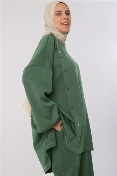 Simli Şerit ve Çıtçıt Detaylı Oversize Tunik 53019Yeşil - 2