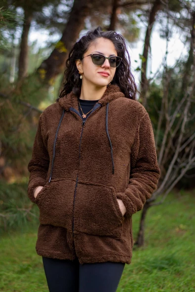 Kadın Kahve Koyu Mavi Peluş Kalın Fermuarlı Kapüşonlu Cepli Ceket 23KCKTMY50 - 4