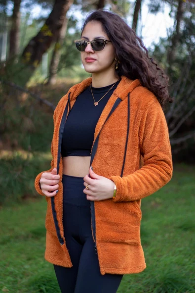 Kadın Kiremit Peluş Kalın Fermuarlı Kapüşonlu Cepli Ceket 23KCKTMY50 - 6