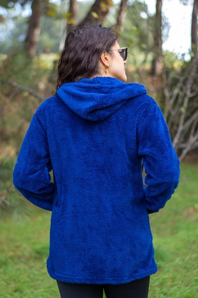 Kadın Saks Koyu Mavi Peluş Kalın Fermuarlı Kapüşonlu Cepli Ceket 23KCKTMY50 - 5