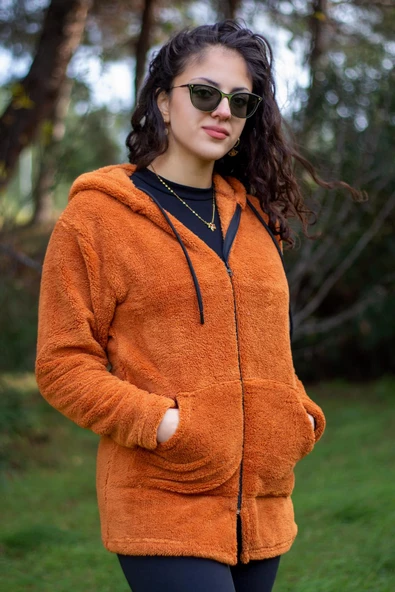 Kadın Kiremit Peluş Kalın Fermuarlı Kapüşonlu Cepli Ceket 23KCKTMY50 - 3