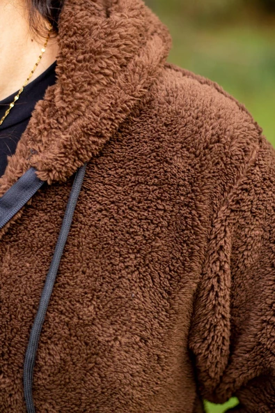 Kadın Kahve Koyu Mavi Peluş Kalın Fermuarlı Kapüşonlu Cepli Ceket 23KCKTMY50 - 7