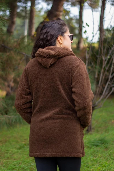 Kadın Kahve Koyu Mavi Peluş Kalın Fermuarlı Kapüşonlu Cepli Ceket 23KCKTMY50 - 6