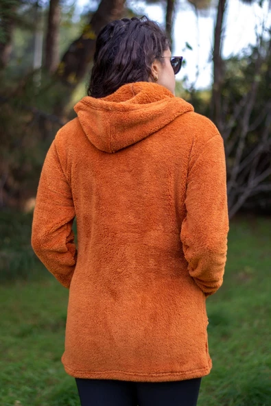 Kadın Kiremit Peluş Kalın Fermuarlı Kapüşonlu Cepli Ceket 23KCKTMY50 - 5