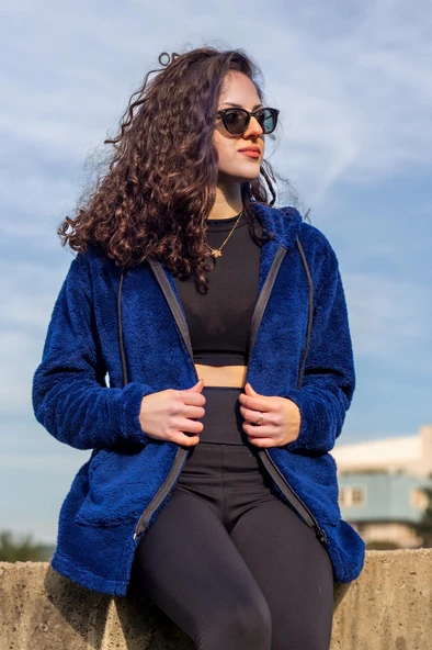 Kadın Saks Koyu Mavi Peluş Kalın Fermuarlı Kapüşonlu Cepli Ceket 23KCKTMY50 - 7