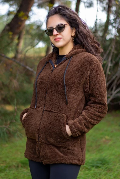 Kadın Kahve Koyu Mavi Peluş Kalın Fermuarlı Kapüşonlu Cepli Ceket 23KCKTMY50 - 3