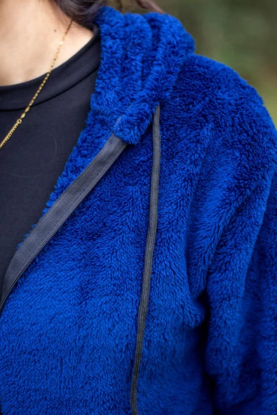 Kadın Saks Koyu Mavi Peluş Kalın Fermuarlı Kapüşonlu Cepli Ceket 23KCKTMY50 - 6