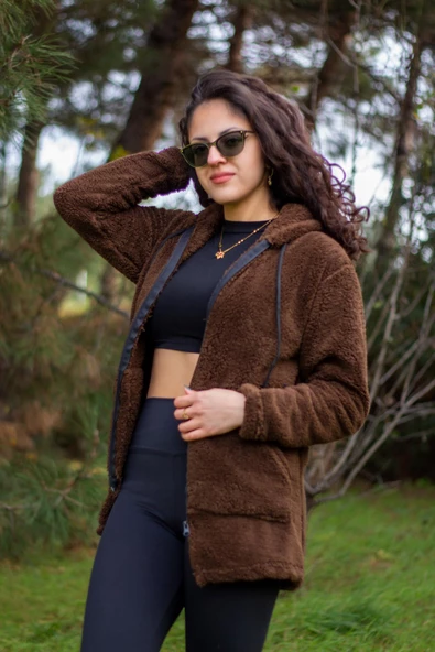 Kadın Kahve Koyu Mavi Peluş Kalın Fermuarlı Kapüşonlu Cepli Ceket 23KCKTMY50 - 8