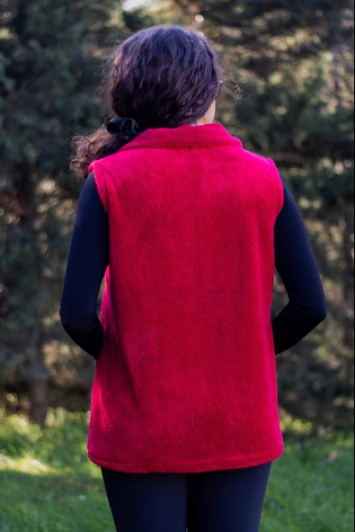 Kadın Bordo Kırmızı Dik Yaka Kalın Peluş Fermuarlı Yelek 24KYLKK215 - 6