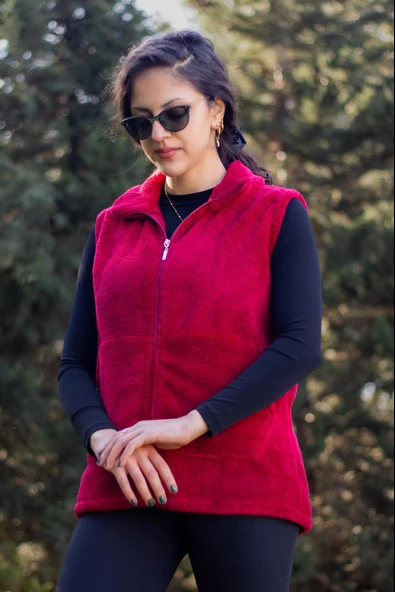 Kadın Bordo Kırmızı Dik Yaka Kalın Peluş Fermuarlı Yelek 24KYLKK215 - 5