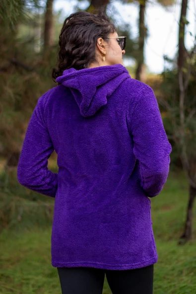 Kadın Mor Peluş Kalın Fermuarlı Kapüşonlu Cepli Ceket 23KCKTMY50 - 5