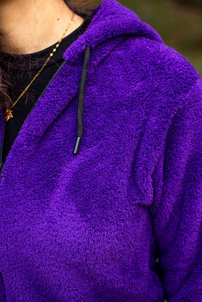 Kadın Mor Peluş Kalın Fermuarlı Kapüşonlu Cepli Ceket 23KCKTMY50 - 6