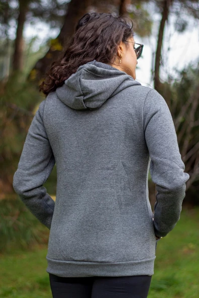 Kadın Antrasit Ekstra Kalın Üç İplik Pamuk Fermuarlı Kapüşonlu Ceket Hırka 24KCKTUCCT - 4