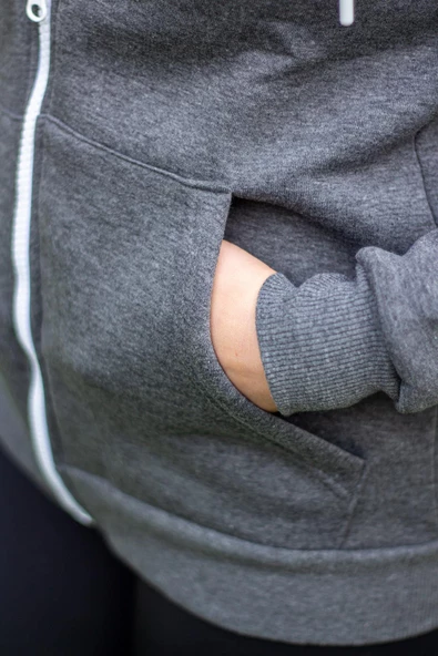 Kadın Antrasit Ekstra Kalın Üç İplik Pamuk Fermuarlı Kapüşonlu Ceket Hırka 24KCKTUCCT - 7