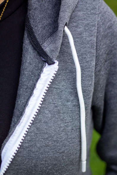 Kadın Antrasit Ekstra Kalın Üç İplik Pamuk Fermuarlı Kapüşonlu Ceket Hırka 24KCKTUCCT - 6