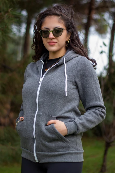 Kadın Antrasit Ekstra Kalın Üç İplik Pamuk Fermuarlı Kapüşonlu Ceket Hırka 24KCKTUCCT - 3