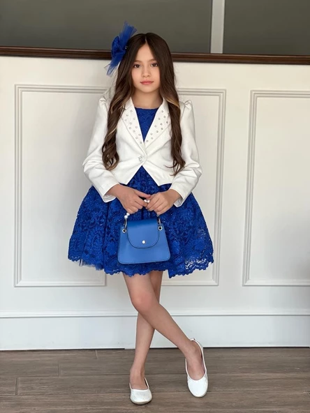 Uğur Böceği Çocuk Kız Çocuk 4'lü Şık Abiye Takım Elbise Ceket Çanta Toka - 10