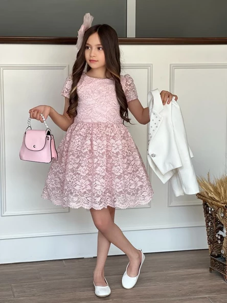 Uğur Böceği Çocuk Kız Çocuk 4'lü Şık Abiye Takım Elbise Ceket Çanta Toka - 3