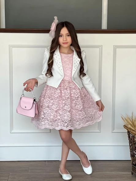 Uğur Böceği Çocuk Kız Çocuk 4'lü Şık Abiye Takım Elbise Ceket Çanta Toka - 12