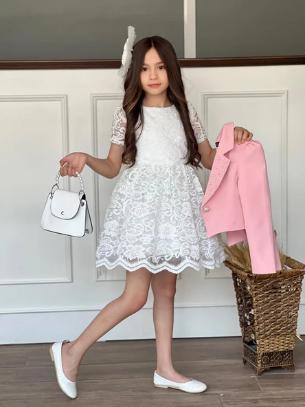 Uğur Böceği Çocuk Kız Çocuk 4'lü Şık Abiye Takım Elbise Ceket Çanta Toka - 4