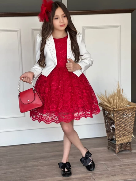 Uğur Böceği Çocuk Kız Çocuk 4'lü Şık Abiye Takım Elbise Ceket Çanta Toka - 11