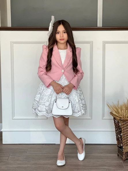 Uğur Böceği Çocuk Kız Çocuk 4'lü Şık Abiye Takım Elbise Ceket Çanta Toka - 9