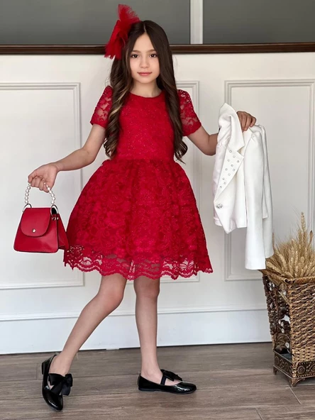 Uğur Böceği Çocuk Kız Çocuk 4'lü Şık Abiye Takım Elbise Ceket Çanta Toka - 2