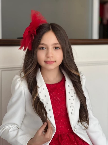 Uğur Böceği Çocuk Kız Çocuk 4'lü Şık Abiye Takım Elbise Ceket Çanta Toka - 8