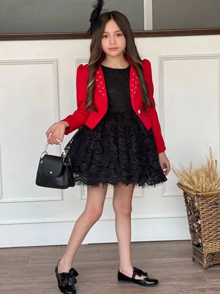 Uğur Böceği Çocuk Kız Çocuk 4'lü Şık Abiye Takım Elbise Ceket Çanta Toka - 5