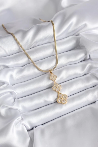 MuI MuI 316L Çelik Gold Renk İtalyan Zincir Zirkon Taşlı Yonca Model Kadın Kolye - 2