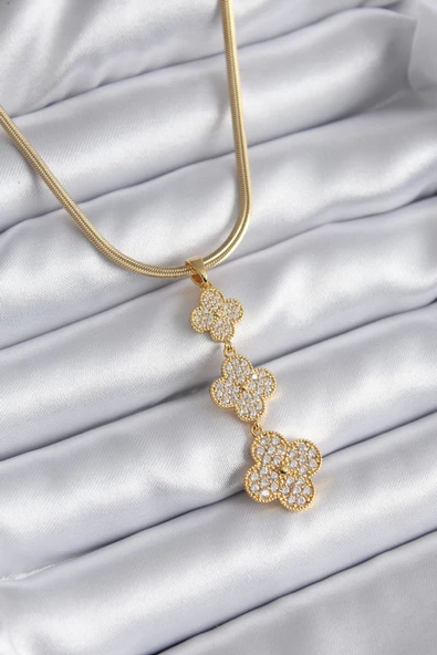 MuI MuI 316L Çelik Gold Renk İtalyan Zincir Zirkon Taşlı Yonca Model Kadın Kolye