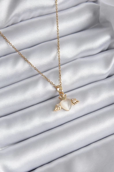 MuI MuI 316L Çelik Gold Renk Kanatlı Kalp Model Zirkon Taşlı Kadın Kolye