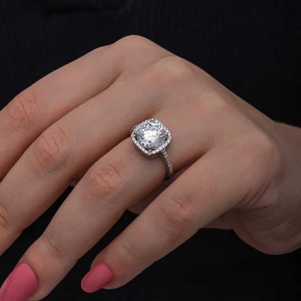 Gümüş Kare Montür Tek Taş Kadın Yüzük - Resim 5