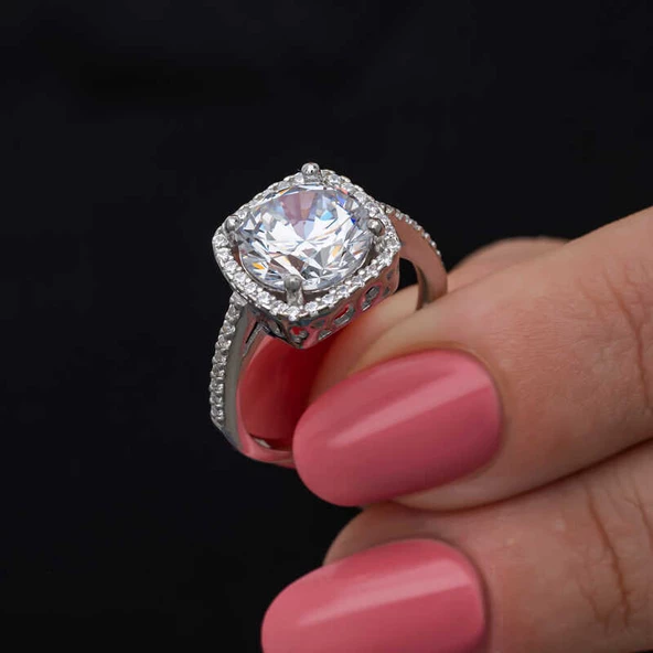 Gümüş Kare Montür Tek Taş Kadın Yüzük - Resim 2