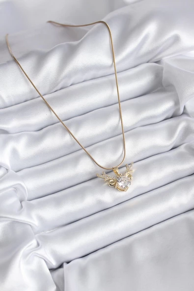 MuI MuI 316L Çelik Gold Renk Zirkon Taşlı Boynuz Model Kadın Kolye - 2