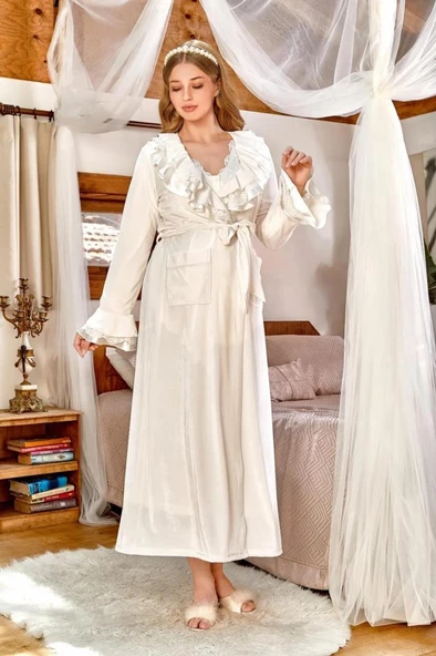 CossybyAqua 24097 Yakası Dantel Detay Kadife Sabahlık - 2