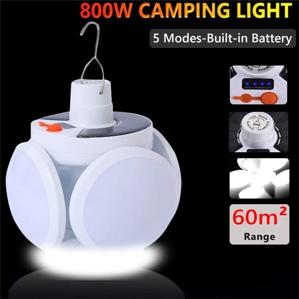 Yeni Nesil Solar Led Lamba Katlanır 5 Kanatlı 45 Ledli Şarjlı ve Güneş Panelli - 8